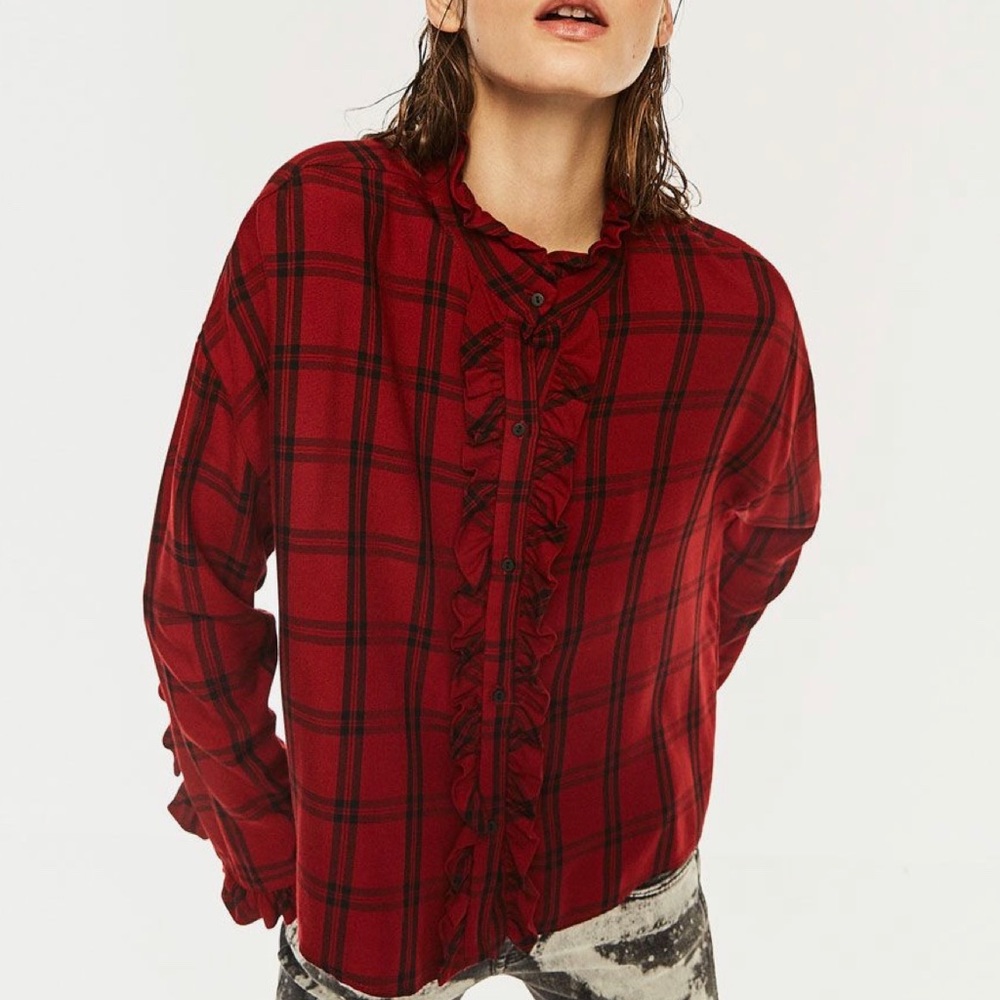🩵 ZARA Plaid Tartan Ruffled Front Shirt sz Medium